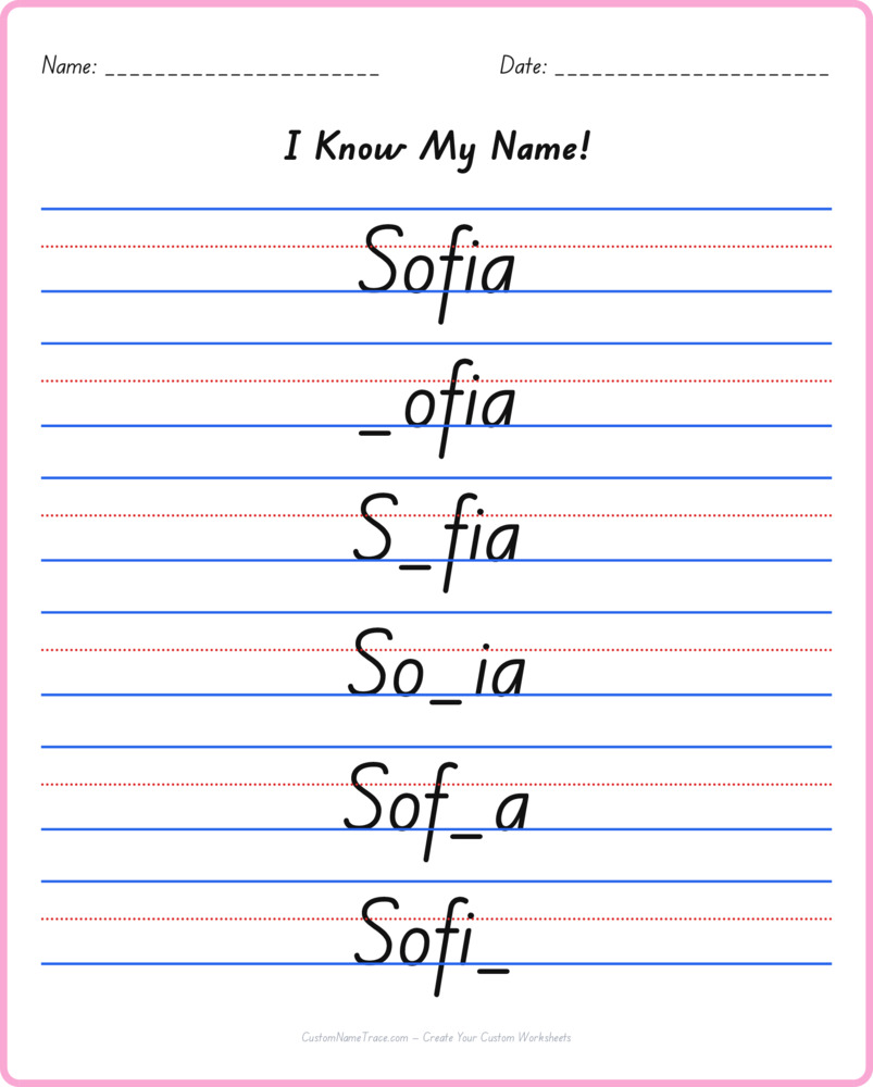Free Sofia custom name tracing - fill-in-the-blank free worksheet