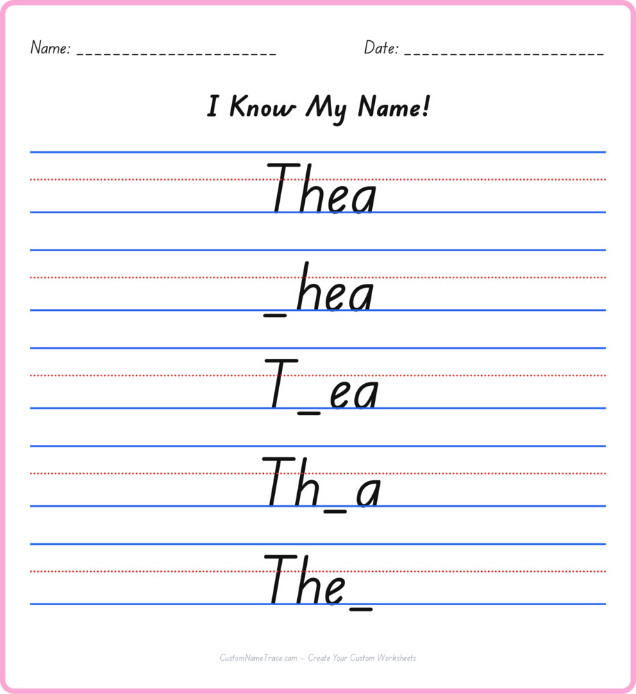 Free Thea custom name tracing - fill-in-the-blank free worksheet