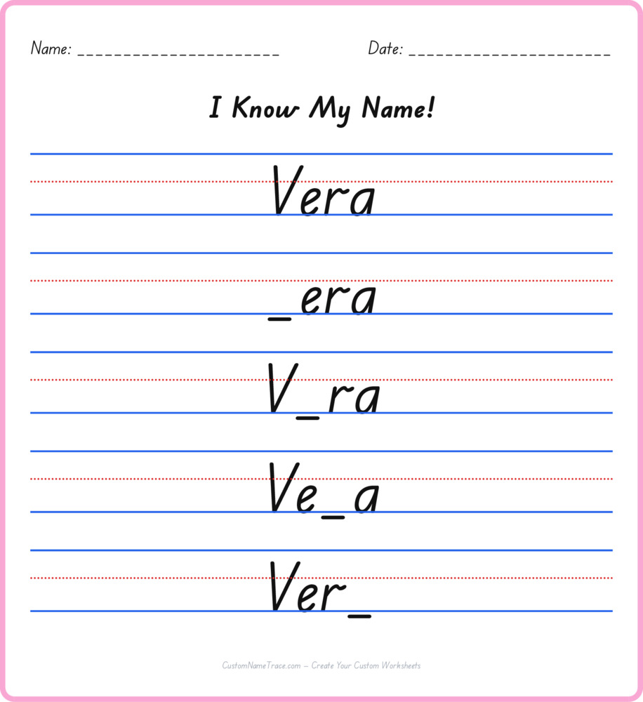 Free Vera custom name tracing - fill-in-the-blank free worksheet