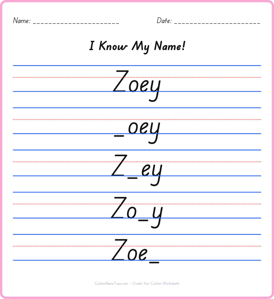 Free Zoey custom name tracing - fill-in-the-blank free worksheet
