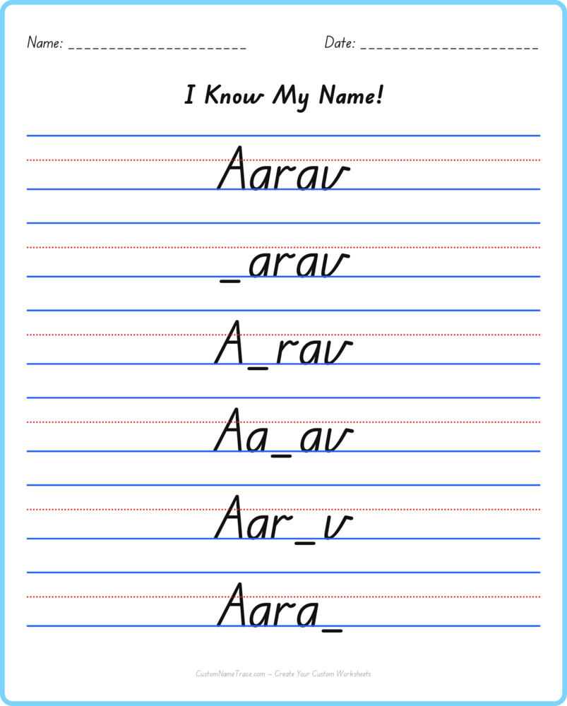 Free Aarav custom name tracing - fill-in-the-blank free worksheet
