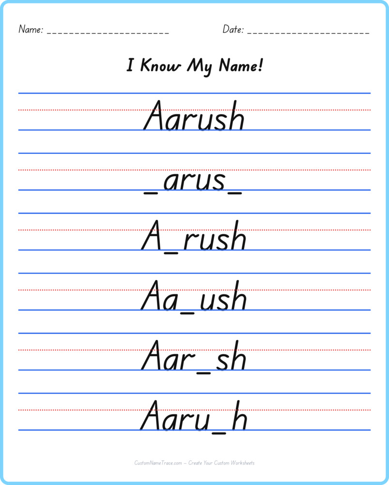 Free Aarush custom name tracing - fill-in-the-blank free worksheet