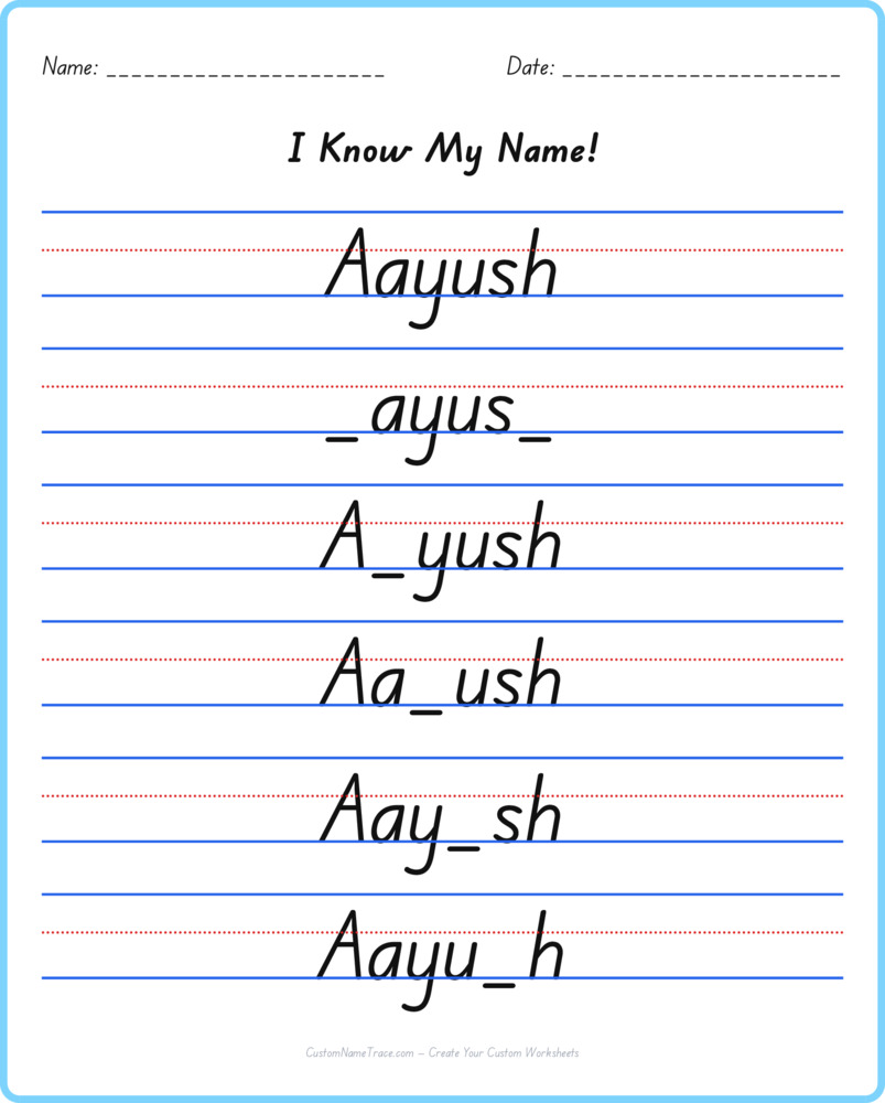 Free Aayush custom name tracing - fill-in-the-blank free worksheet