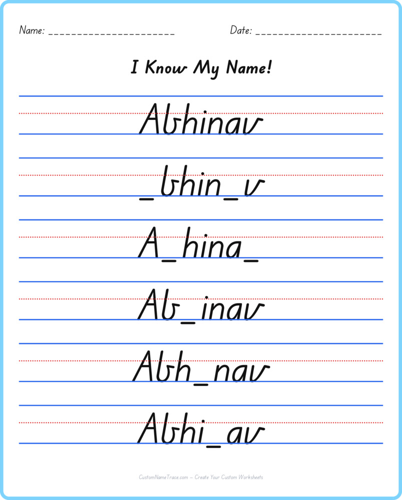 Free Abhinav custom name tracing - fill-in-the-blank free worksheet
