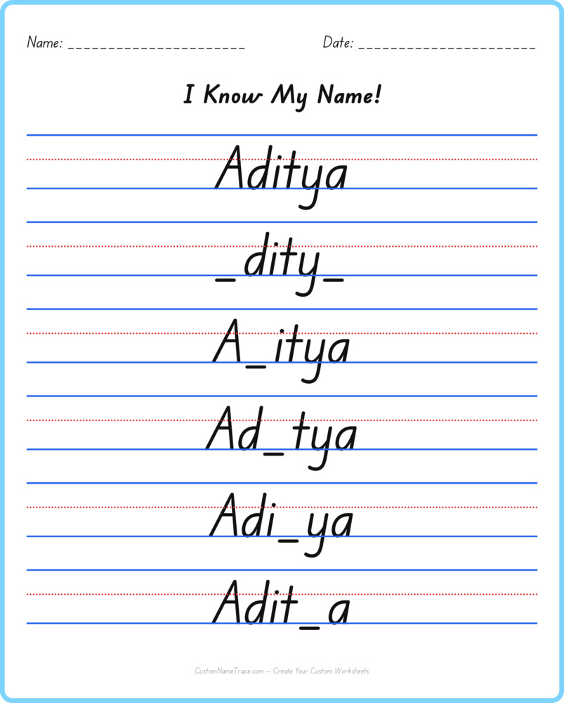 Free Aditya custom name tracing - fill-in-the-blank free worksheet