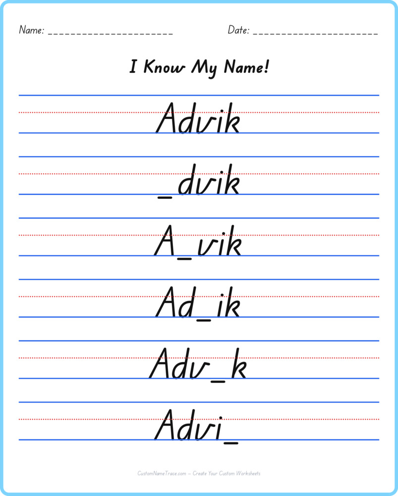 Free Advik custom name tracing - fill-in-the-blank free worksheet