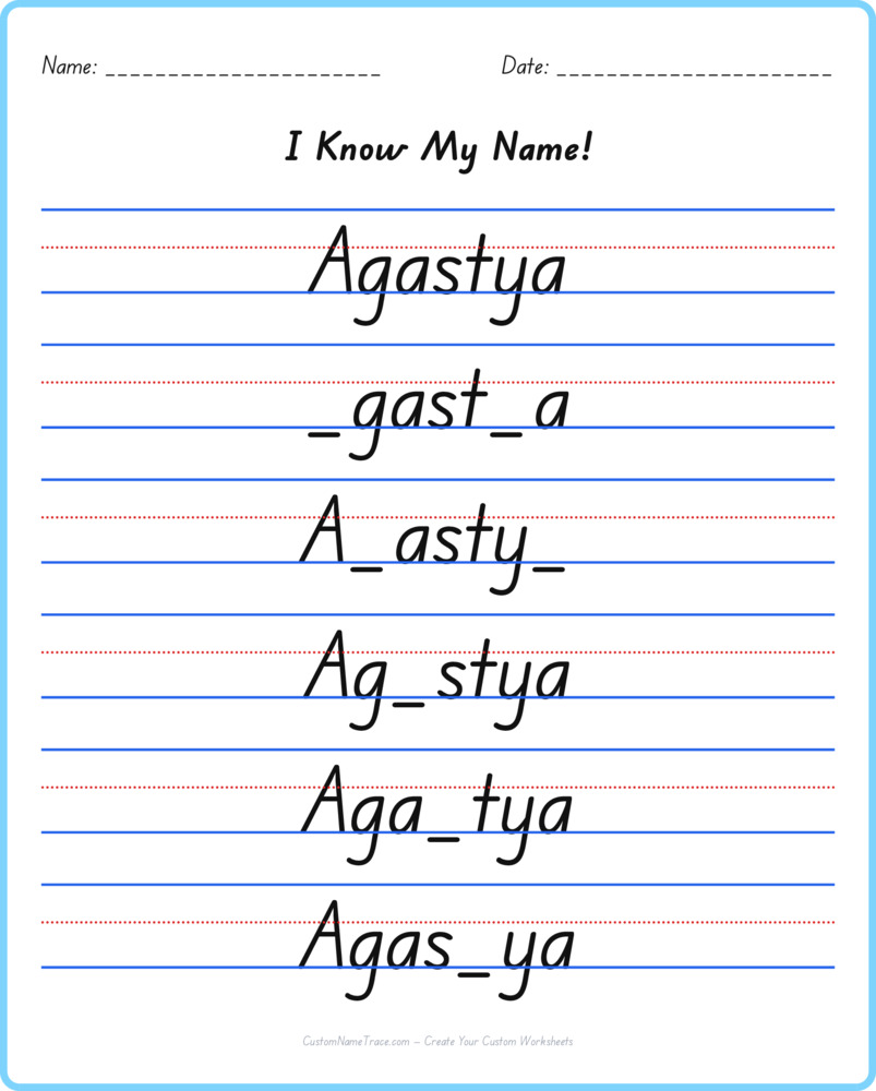 Free Agastya custom name tracing - fill-in-the-blank free worksheet