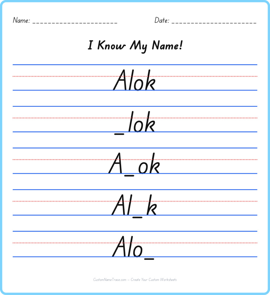 Free Alok custom name tracing - fill-in-the-blank free worksheet