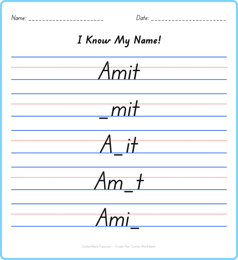 Free Amit custom name tracing - fill-in-the-blank free worksheet