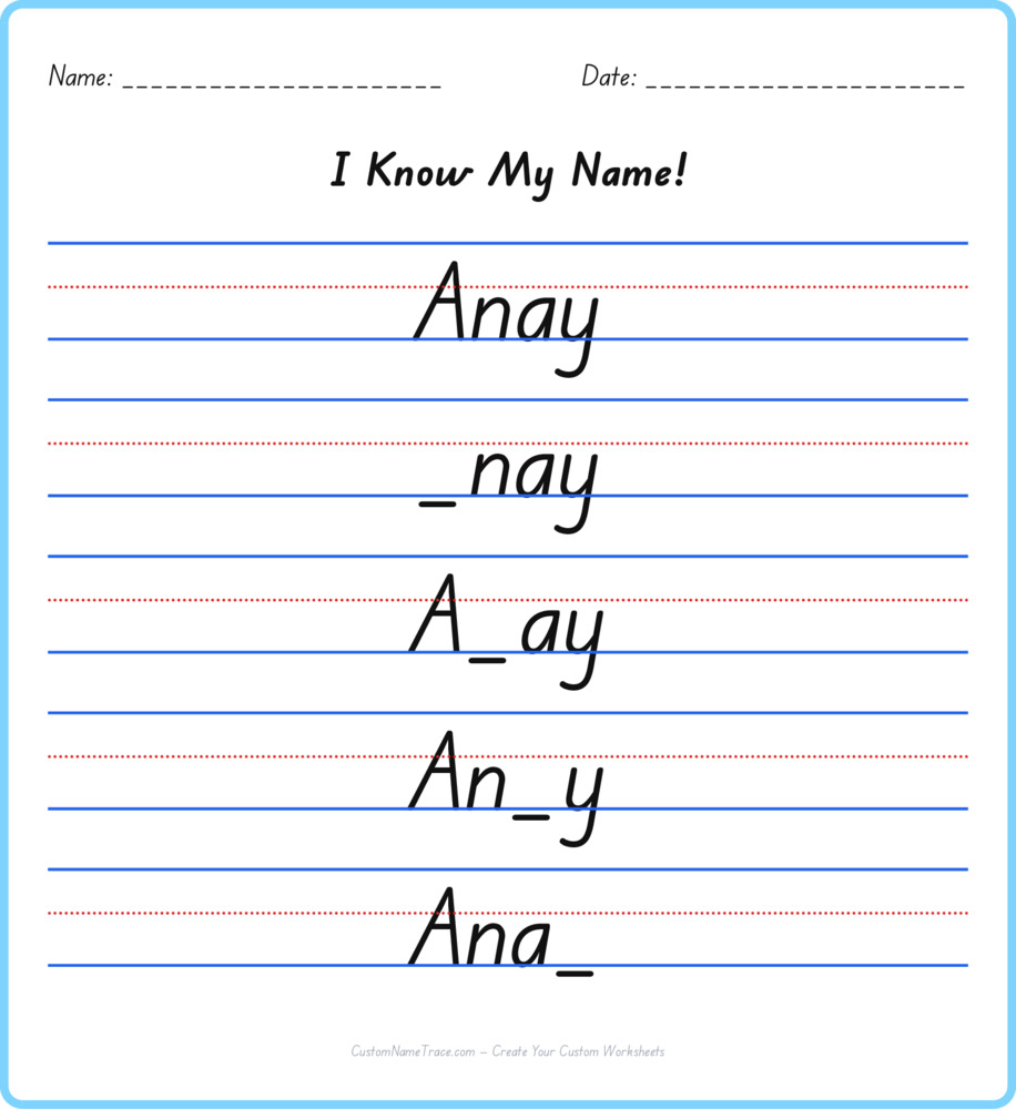 Free Anay custom name tracing - fill-in-the-blank free worksheet