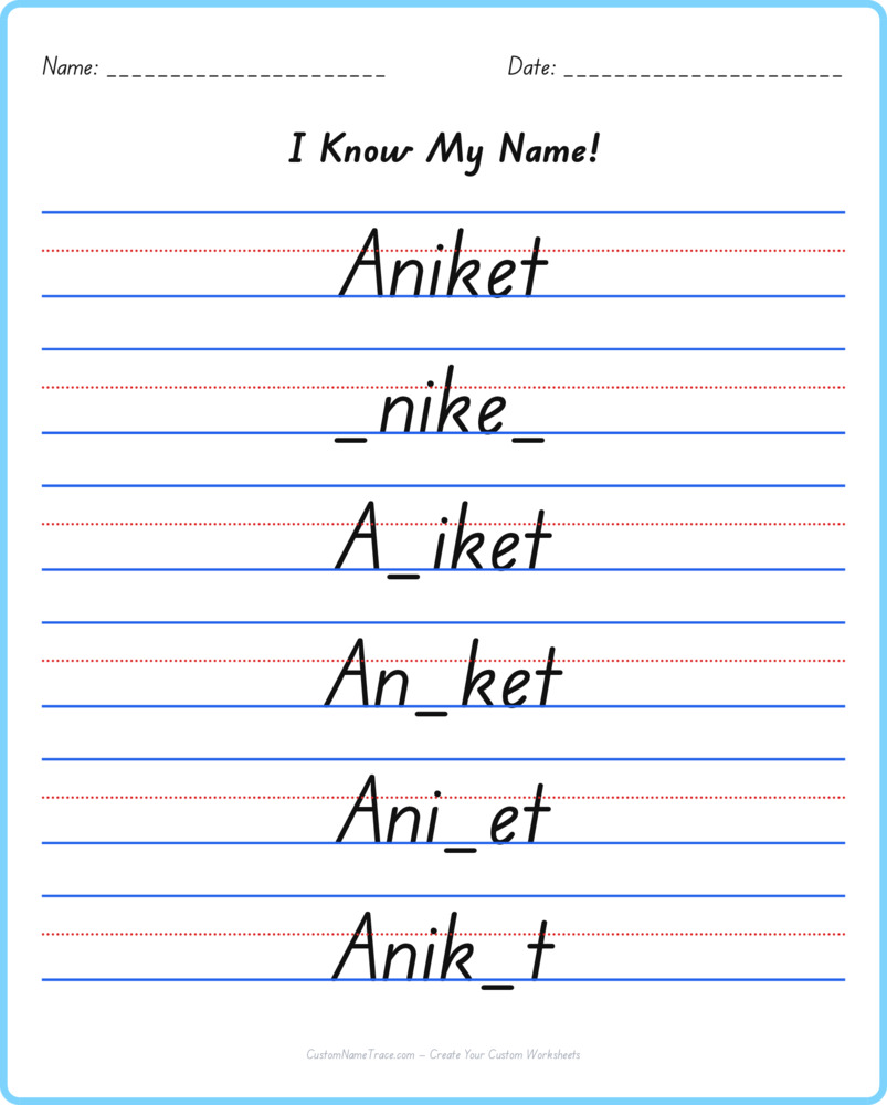 Free Aniket custom name tracing - fill-in-the-blank free worksheet