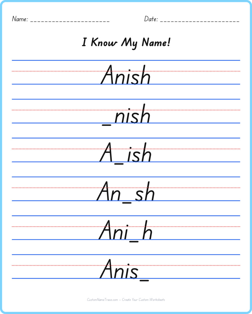 Free Anish custom name tracing - fill-in-the-blank free worksheet