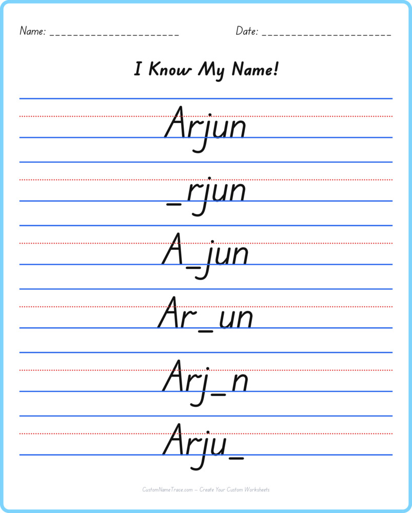 Free Arjun custom name tracing - fill-in-the-blank free worksheet