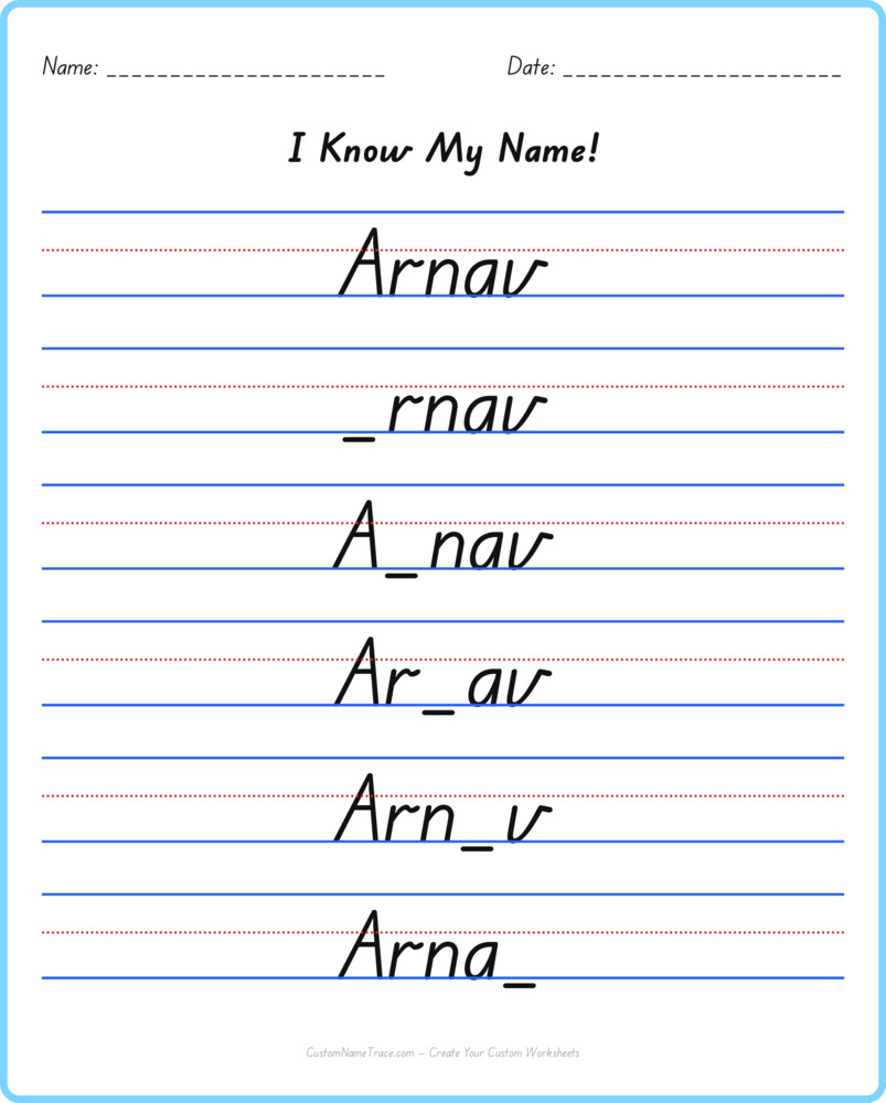 Free Arnav custom name tracing - fill-in-the-blank free worksheet