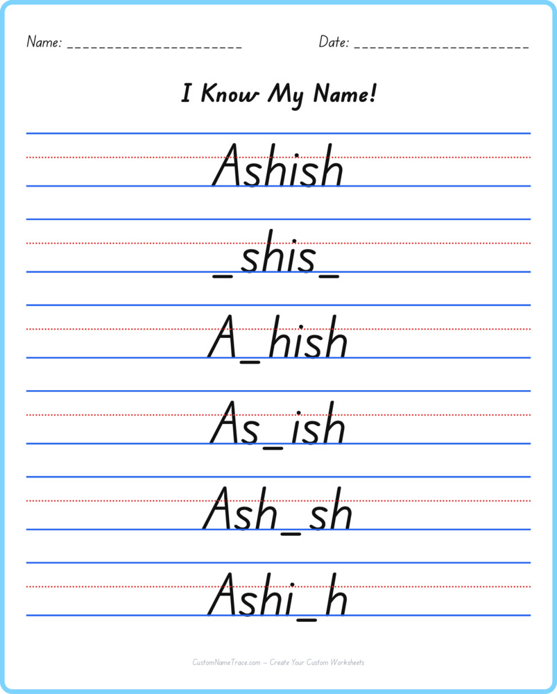 Free Ashish custom name tracing - fill-in-the-blank free worksheet
