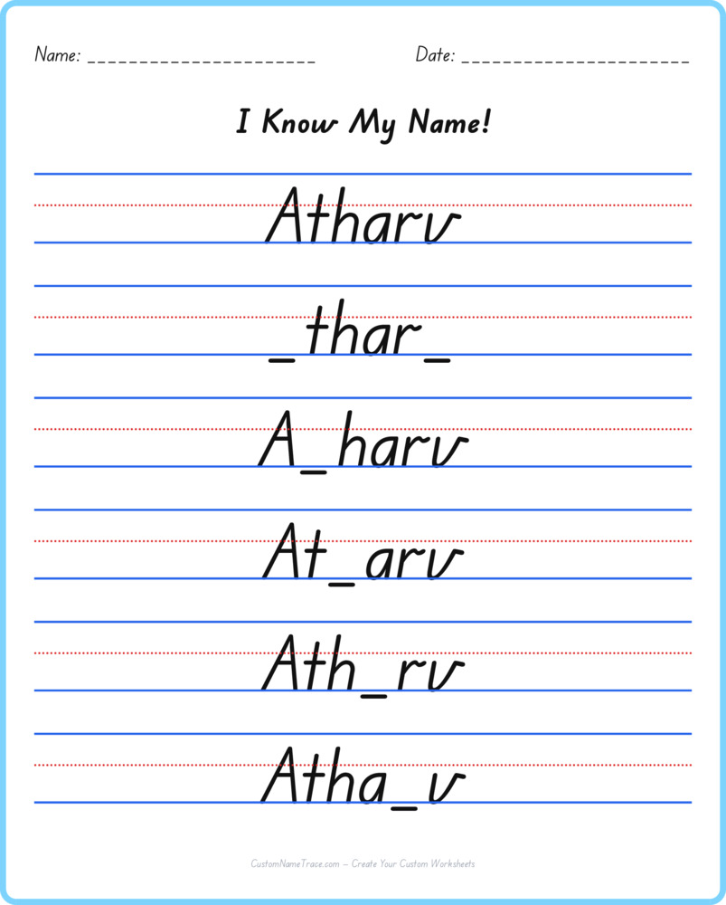 Free Atharv custom name tracing - fill-in-the-blank free worksheet