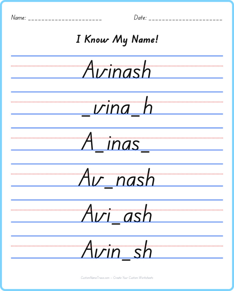 Free Avinash custom name tracing - fill-in-the-blank free worksheet