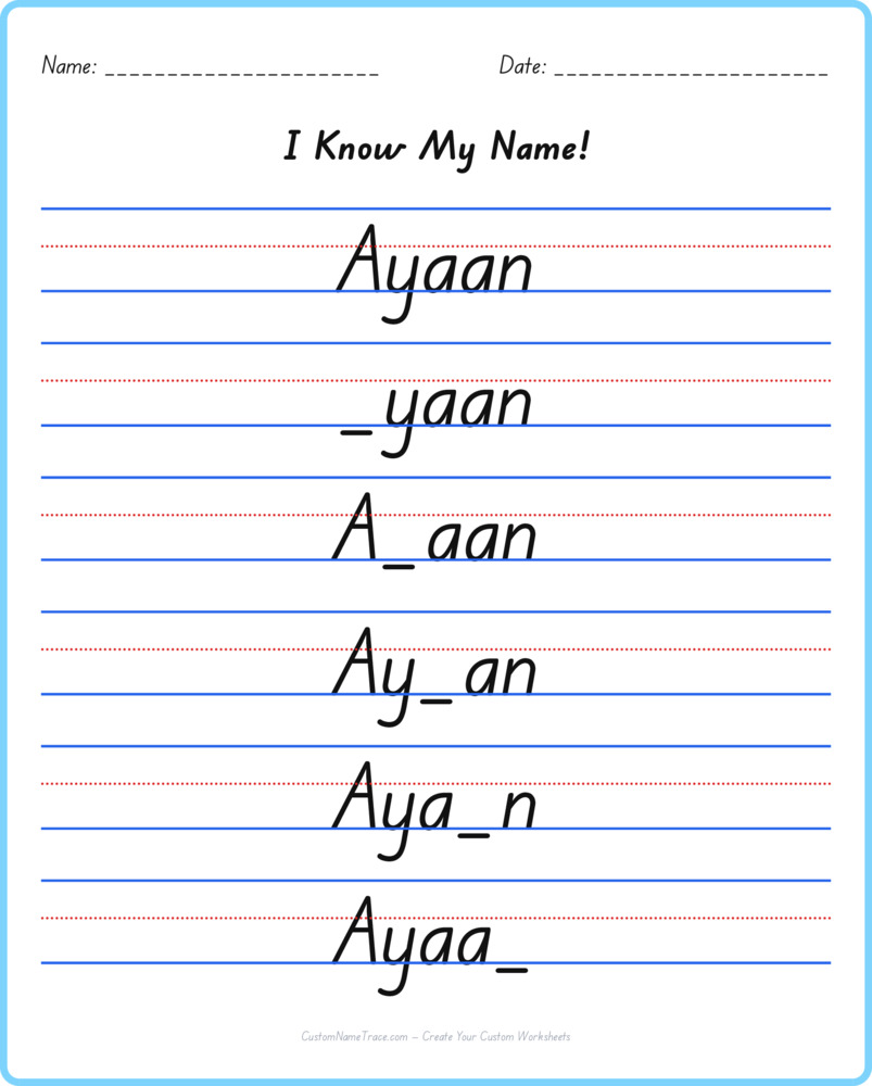 Free Ayaan custom name tracing - fill-in-the-blank free worksheet
