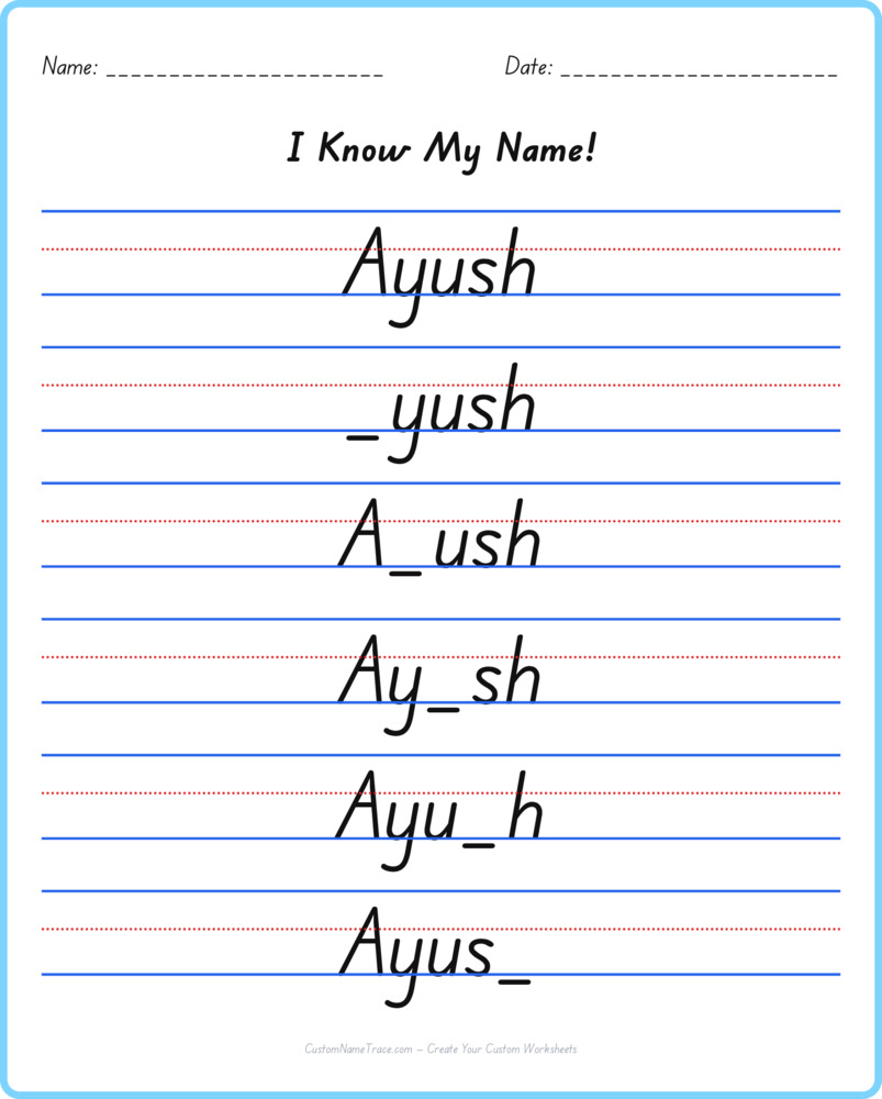 Free Ayush custom name tracing - fill-in-the-blank free worksheet