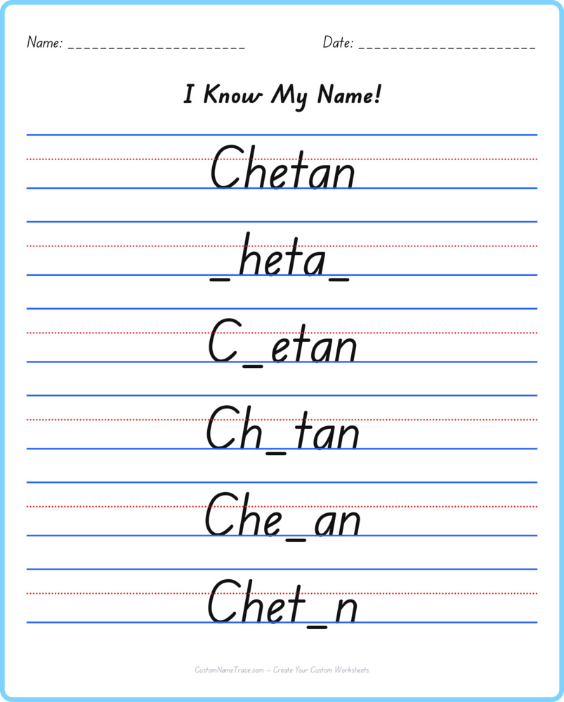 Free Chetan custom name tracing - fill-in-the-blank free worksheet