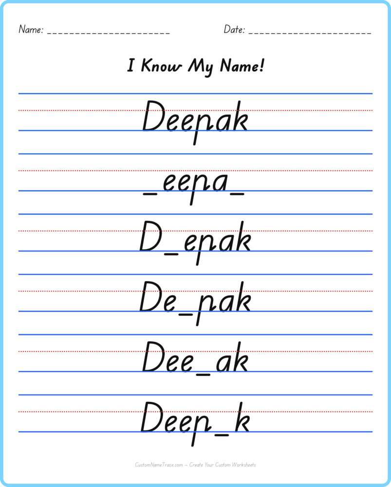 Free Deepak custom name tracing - fill-in-the-blank free worksheet
