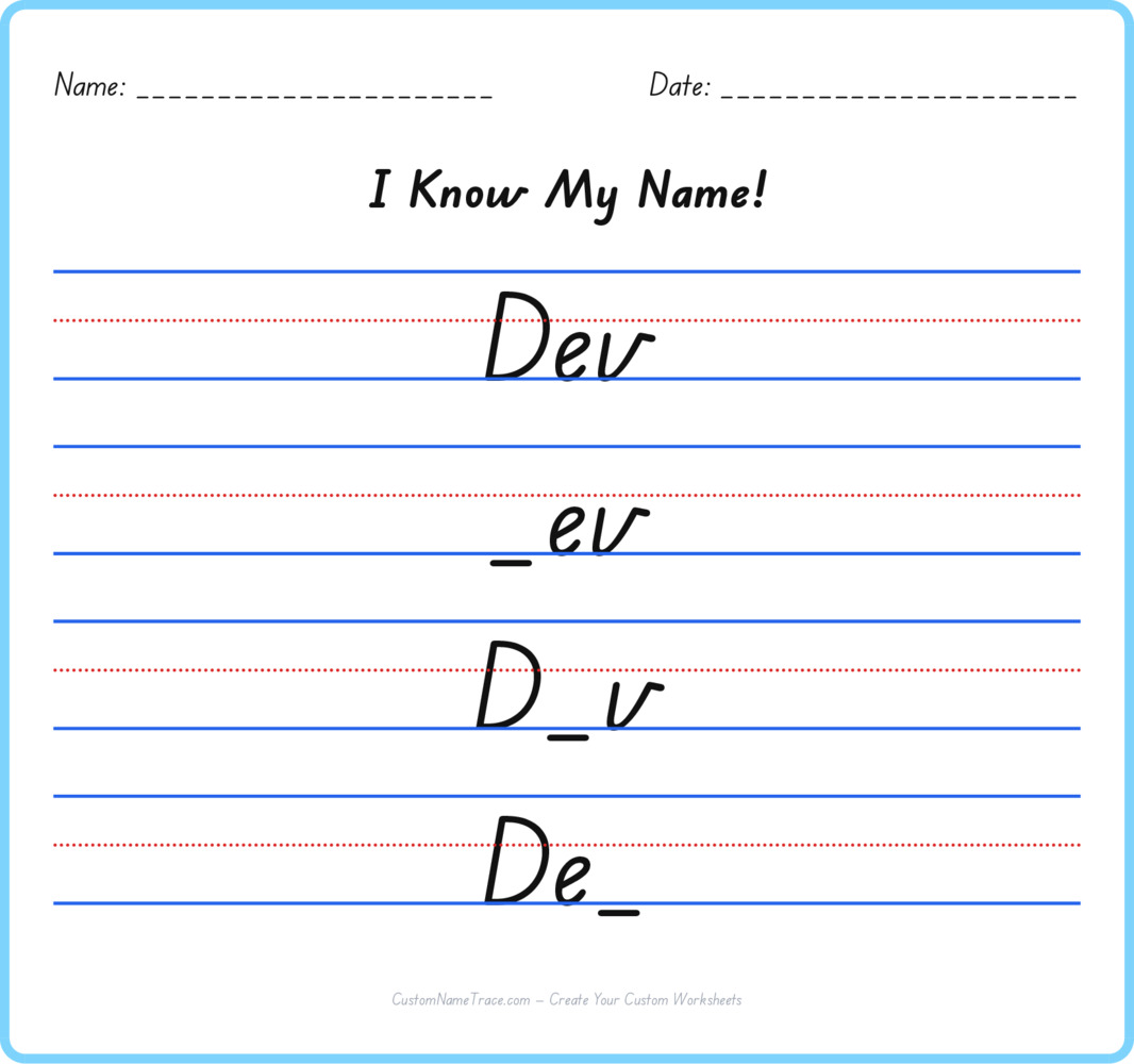 Free Dev custom name tracing - fill-in-the-blank free worksheet