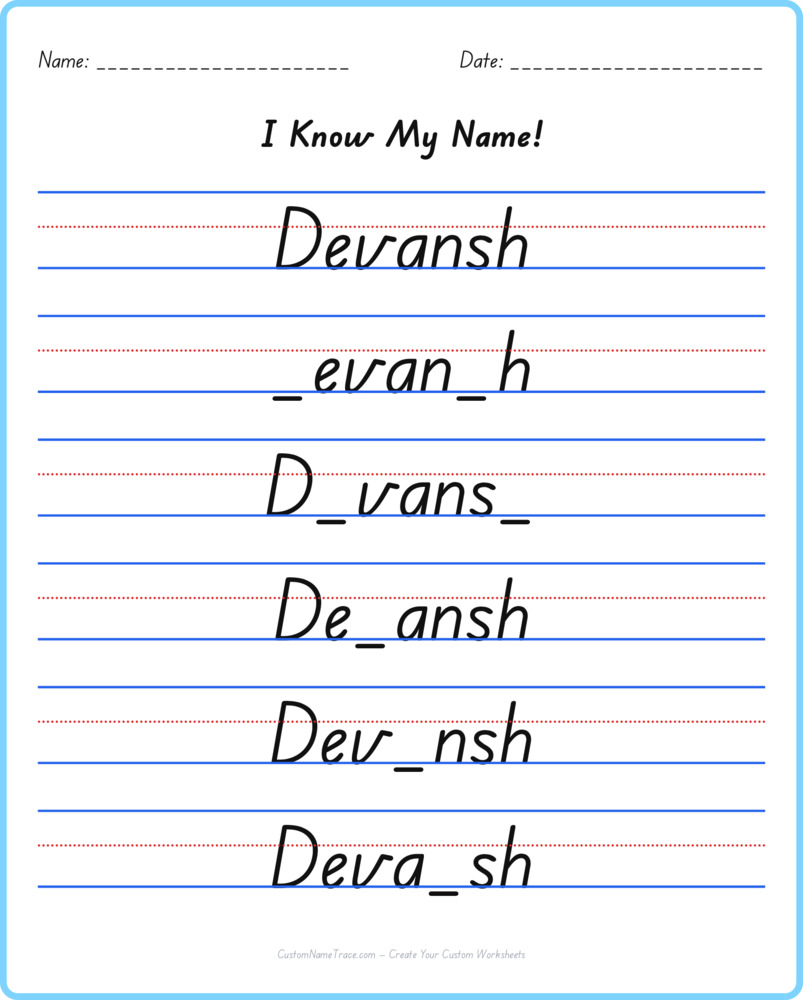 Free Devansh custom name tracing - fill-in-the-blank free worksheet
