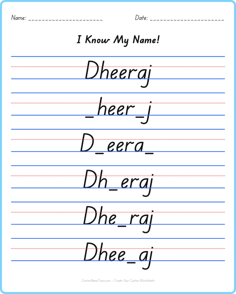 Free Dheeraj custom name tracing - fill-in-the-blank free worksheet
