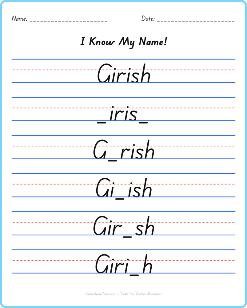 Free Girish custom name tracing - fill-in-the-blank free worksheet