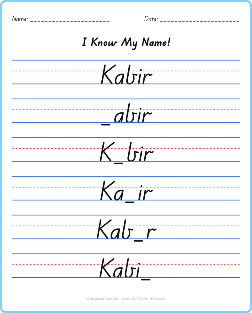 Free Kabir custom name tracing - fill-in-the-blank free worksheet