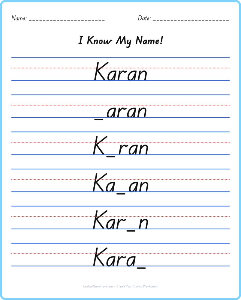 Free Karan custom name tracing - fill-in-the-blank free worksheet