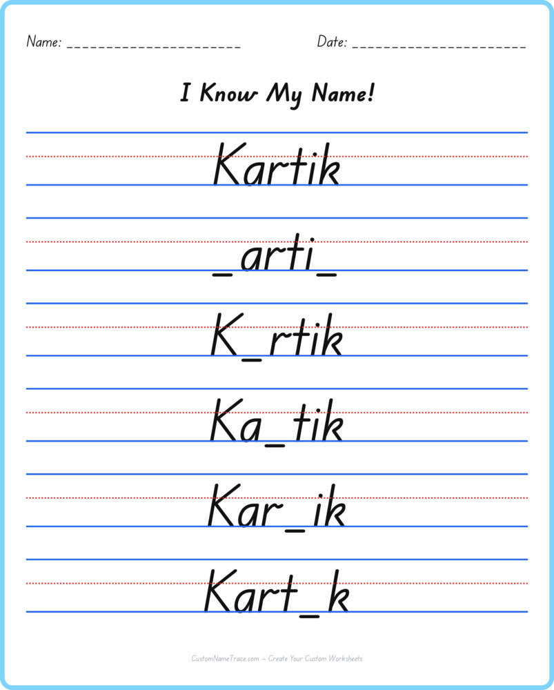 Free Kartik custom name tracing - fill-in-the-blank free worksheet