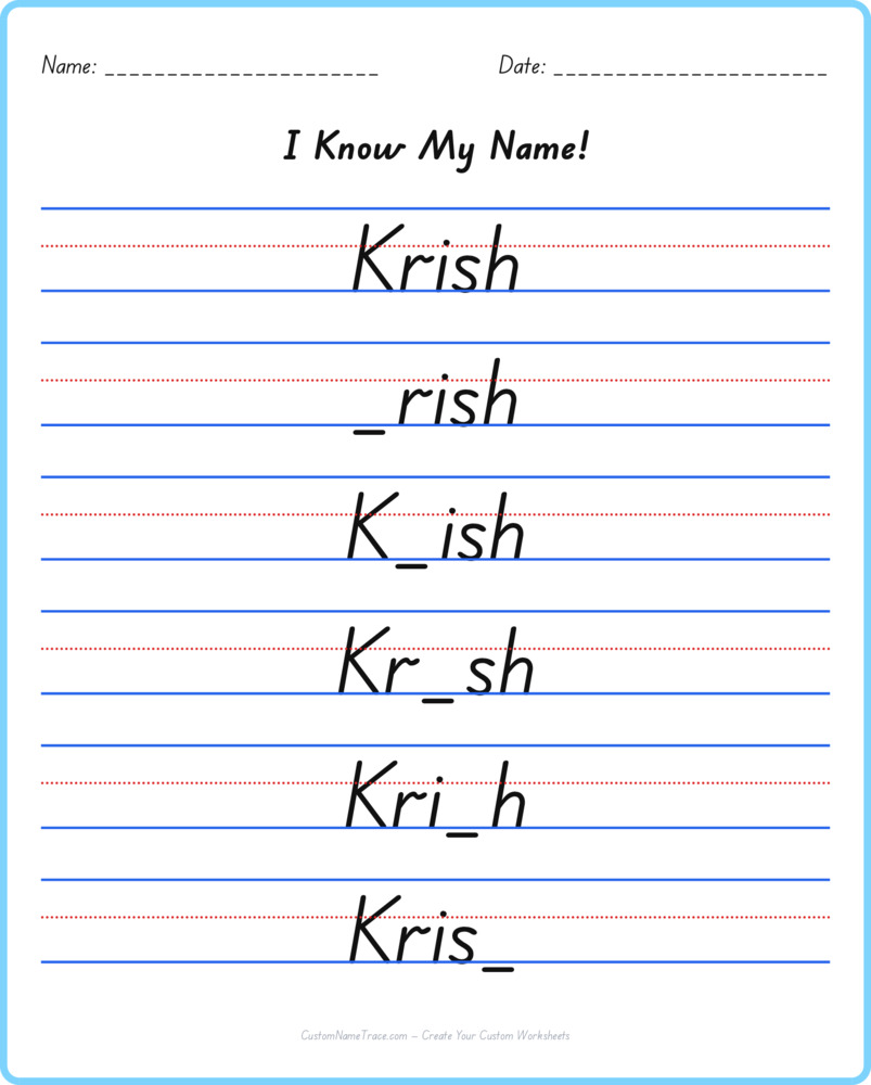 Free Krish custom name tracing - fill-in-the-blank free worksheet