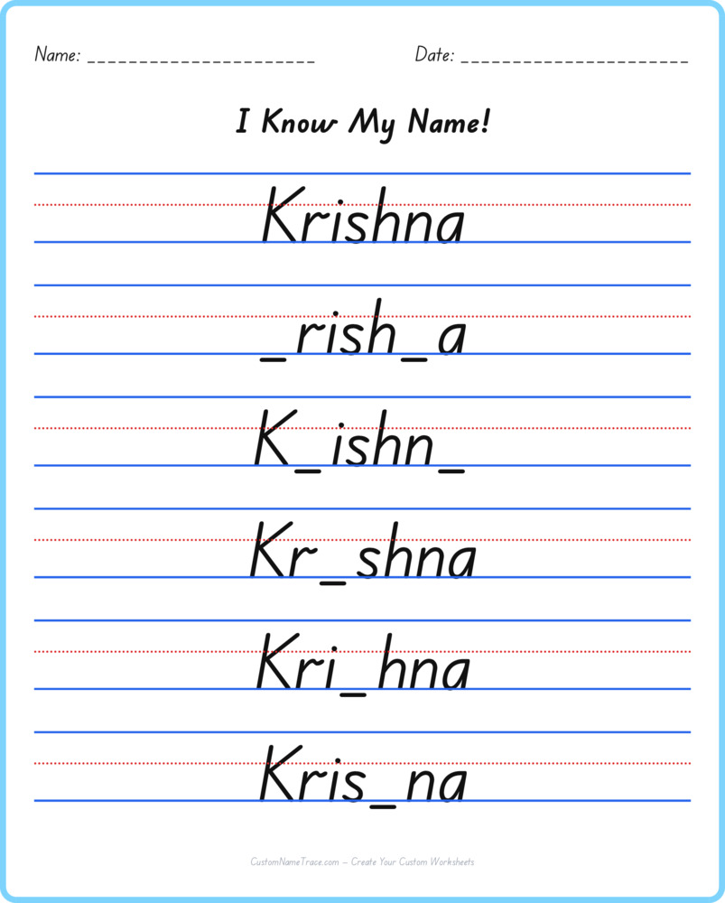 Free Krishna custom name tracing - fill-in-the-blank free worksheet
