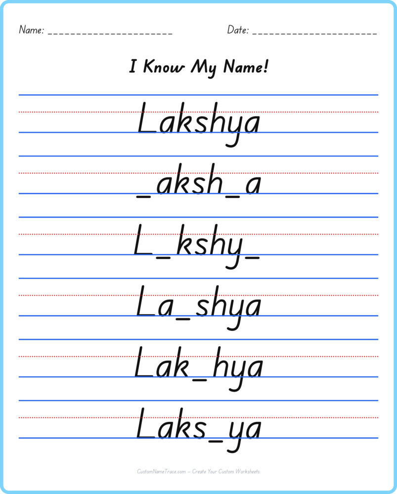 Free Lakshya custom name tracing - fill-in-the-blank free worksheet