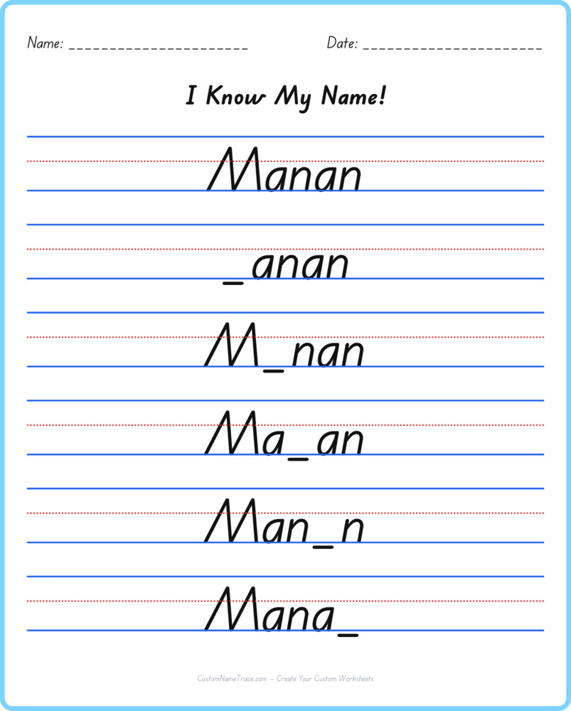 Free Manan custom name tracing - fill-in-the-blank free worksheet