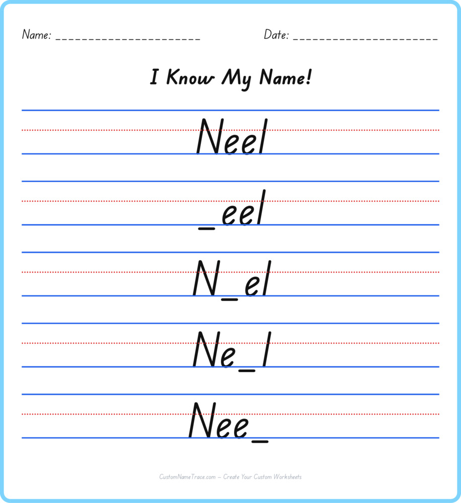 Free Neel custom name tracing - fill-in-the-blank free worksheet
