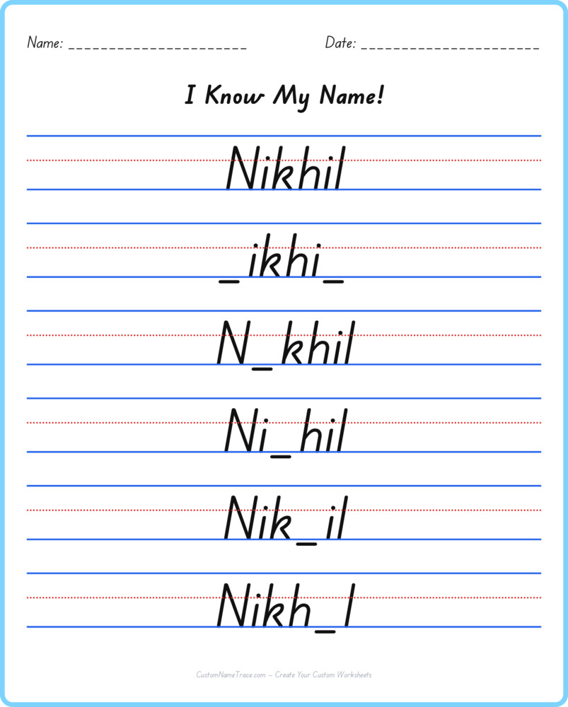 Free Nikhil custom name tracing - fill-in-the-blank free worksheet