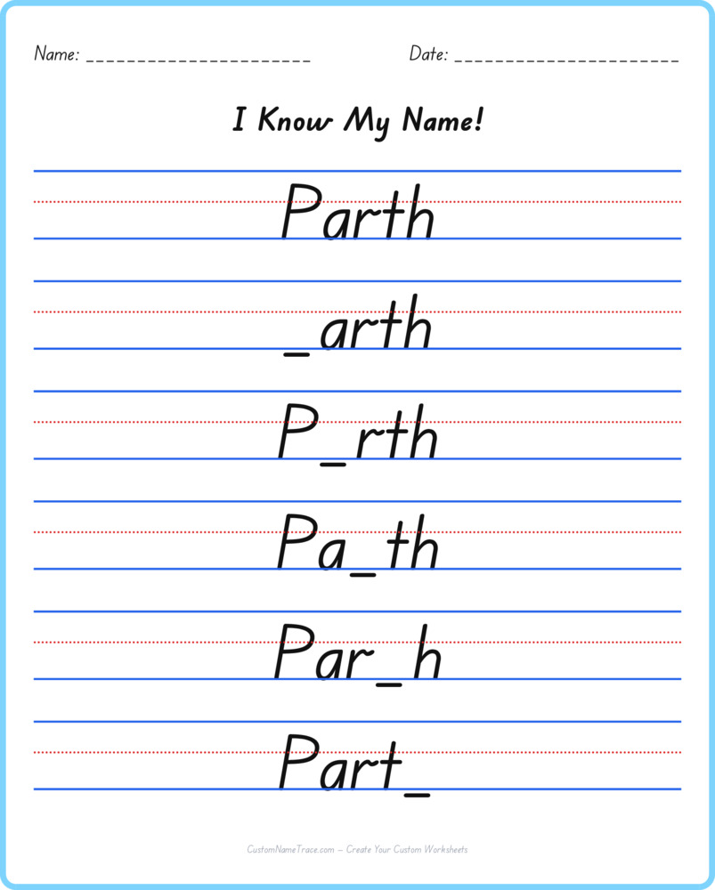 Free Parth custom name tracing - fill-in-the-blank free worksheet
