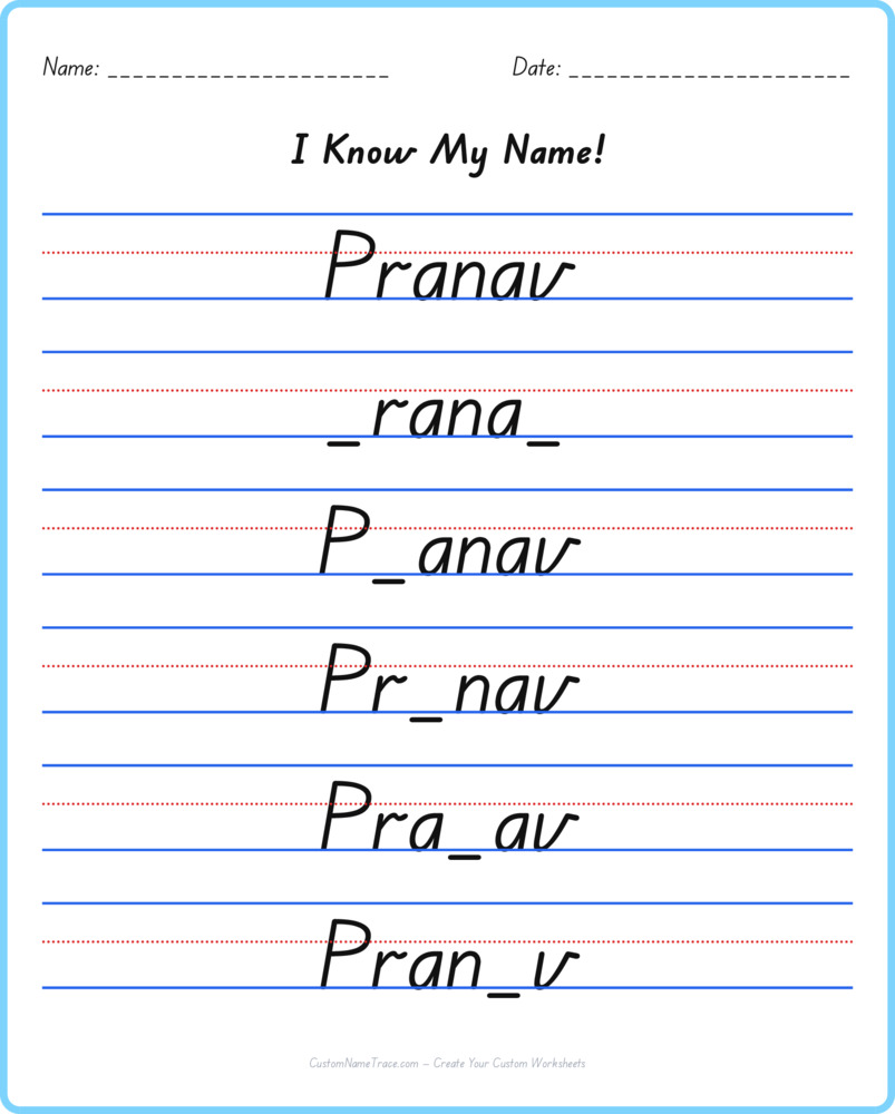 Free Pranav custom name tracing - fill-in-the-blank free worksheet