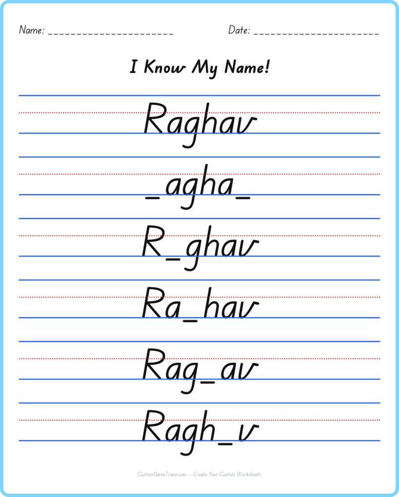 Free Raghav custom name tracing - fill-in-the-blank free worksheet