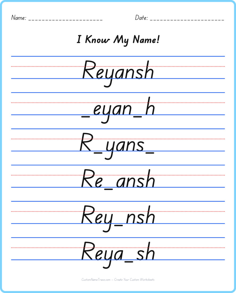 Free Reyansh custom name tracing - fill-in-the-blank free worksheet