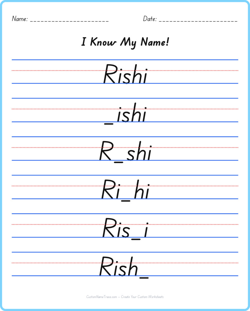 Free Rishi custom name tracing - fill-in-the-blank free worksheet