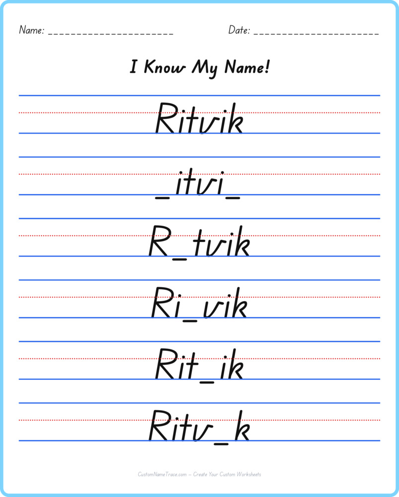 Free Ritvik custom name tracing - fill-in-the-blank free worksheet