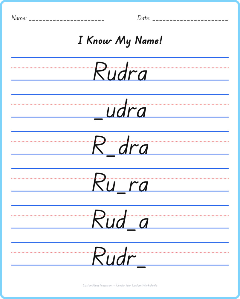 Free Rudra custom name tracing - fill-in-the-blank free worksheet