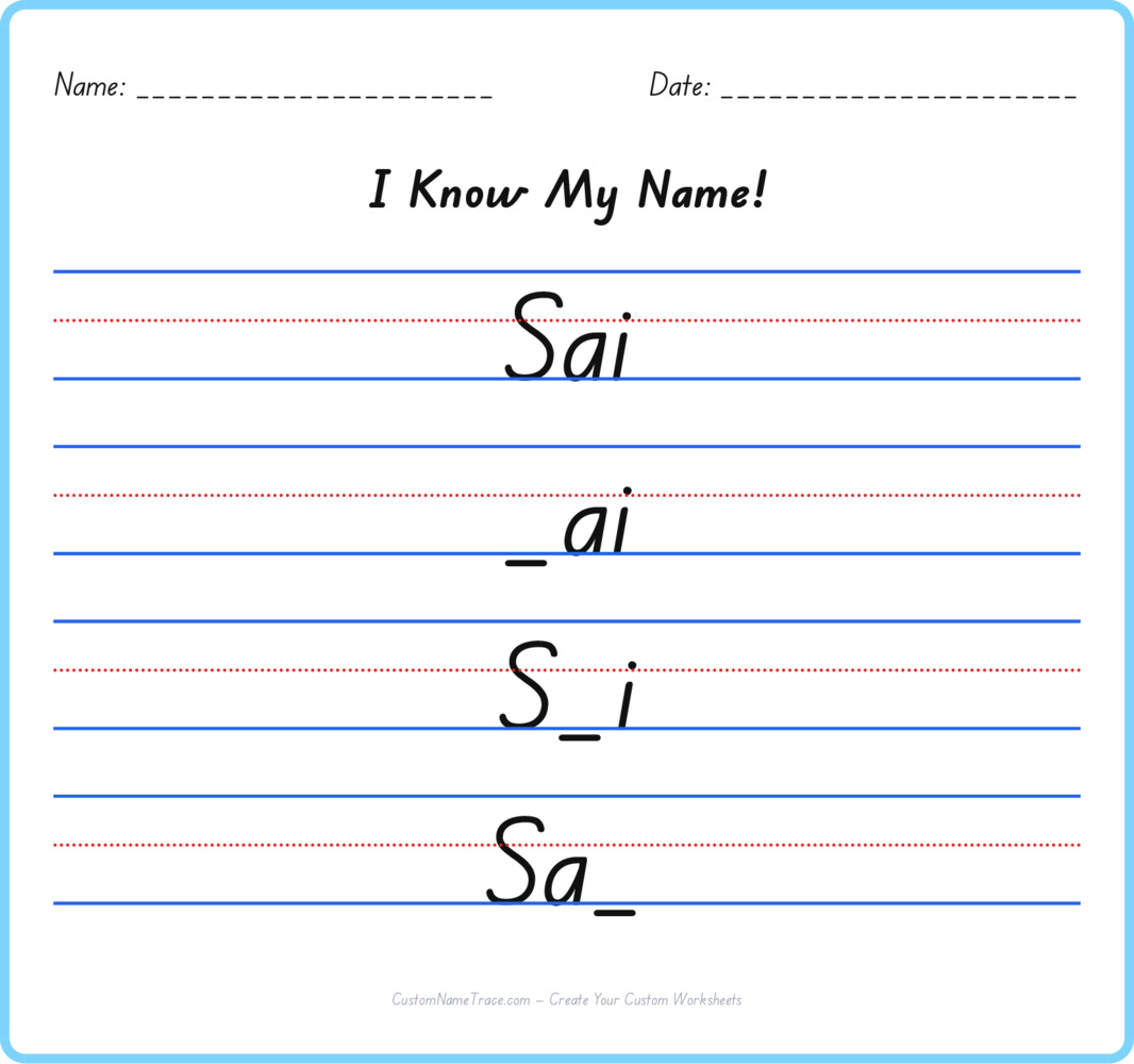 Free Sai custom name tracing - fill-in-the-blank free worksheet