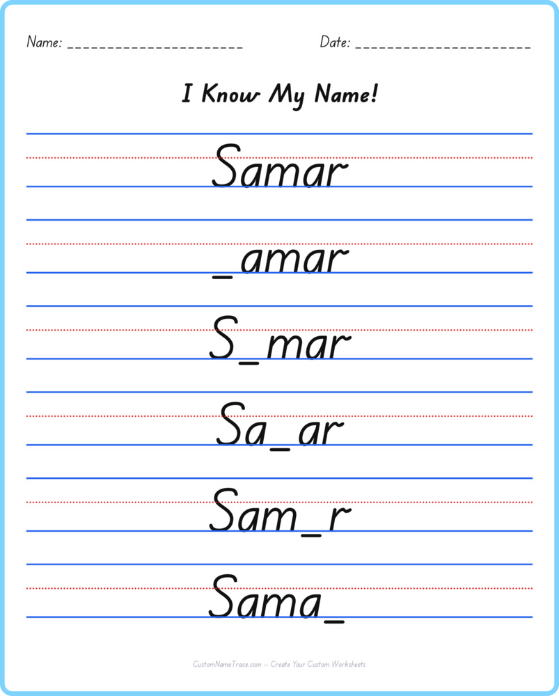Free Samar custom name tracing - fill-in-the-blank free worksheet
