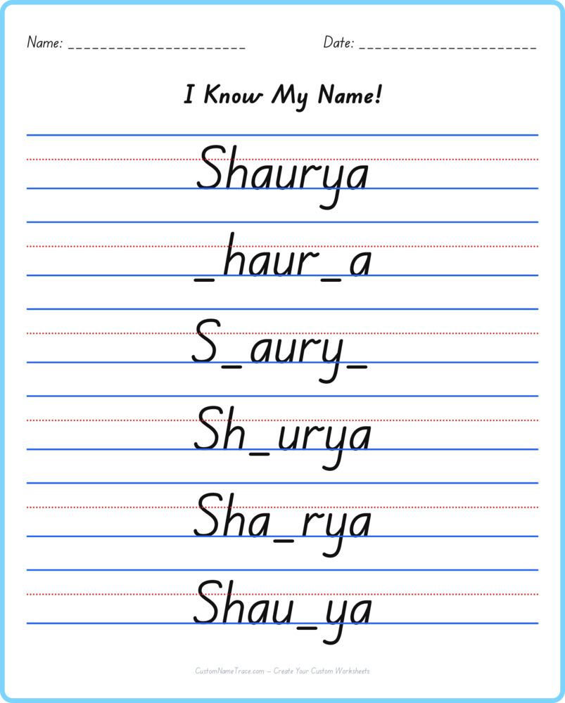 Free Shaurya custom name tracing - fill-in-the-blank free worksheet
