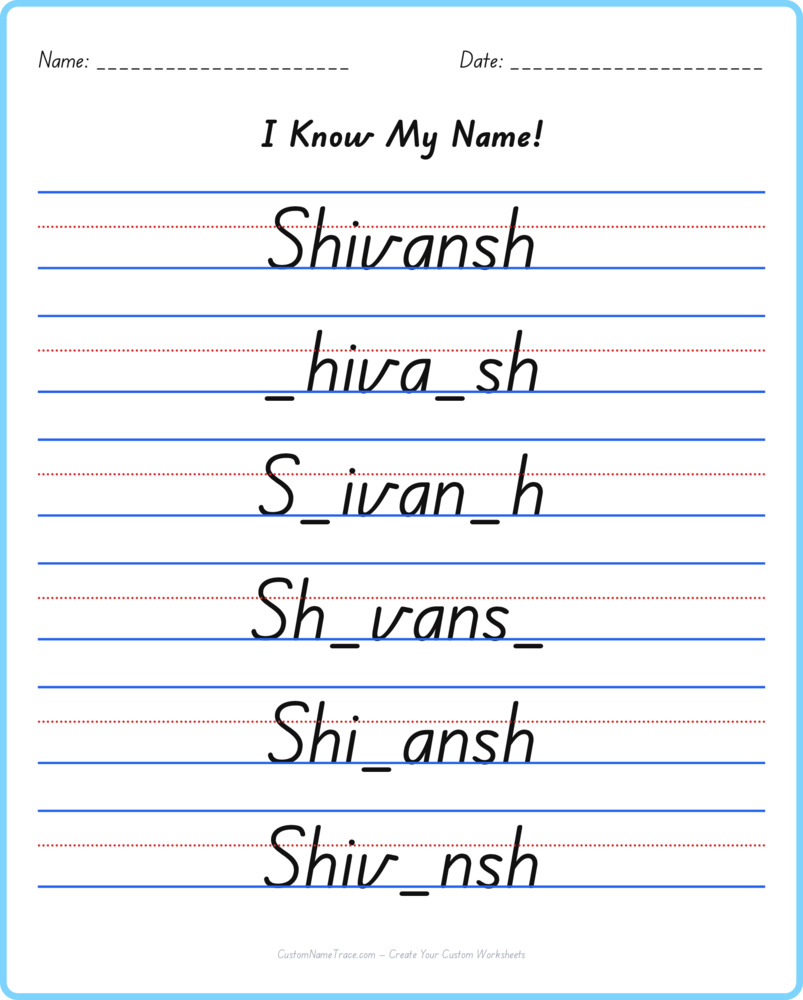 Free Shivansh custom name tracing - fill-in-the-blank free worksheet