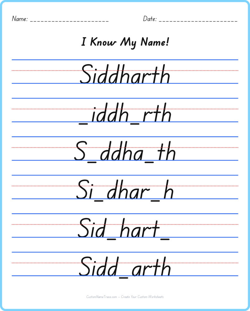 Free Siddharth custom name tracing - fill-in-the-blank free worksheet
